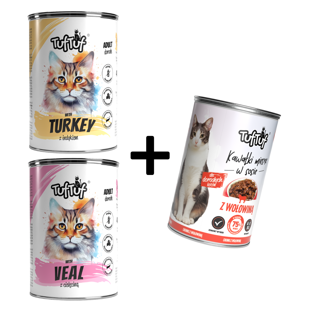 PAKIET 2+1: TufTuf mokra karma dla kota cielęcina indyk puszka 2x400g + wołowina puszka 415g