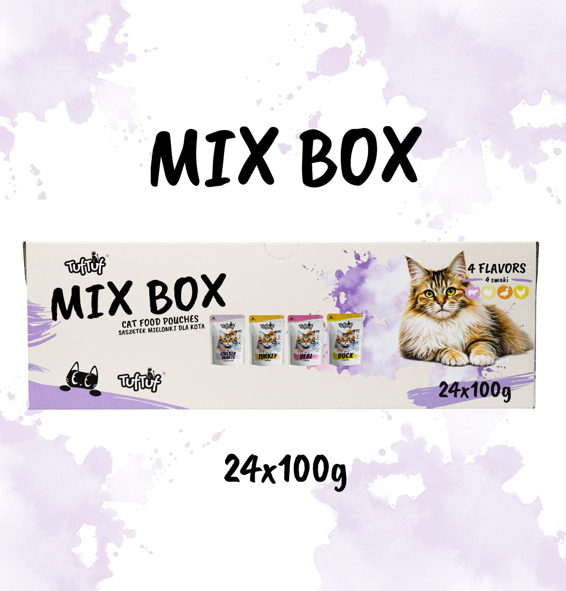 PRZEDSPRZEDAŻ - wysyłka po 25.10  TufTuf Mix Box saszetek mielonka dla kota 4 smaki cielęcina, indyk, kaczka, kurze serca 24 x 100 g