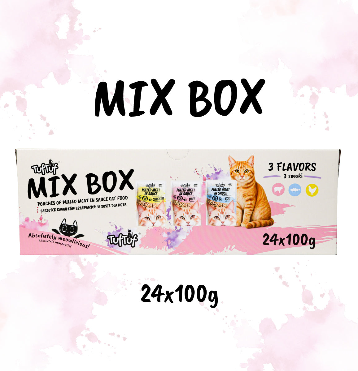 PRZEDSPRZEDAŻ - wysyłka po 25.10  TufTuf Mix Box saszetek mielonka dla kota 3 smaki (wołowina, dorsz, kurczak) 24 x 100 g