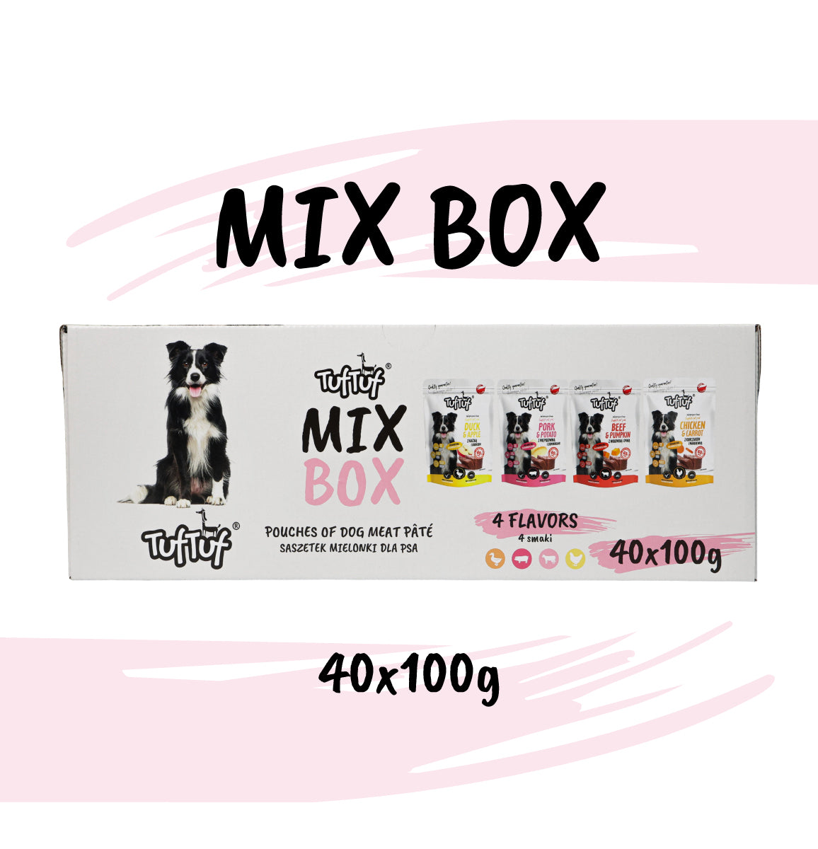 PRZEDSPRZEDAŻ - wysyłka po 25.10  TufTuf Mix Box saszetek mielonka dla psa 4 smaki (wołowina, wieprzowina, kurczak, kaczka) 40 x 100 g