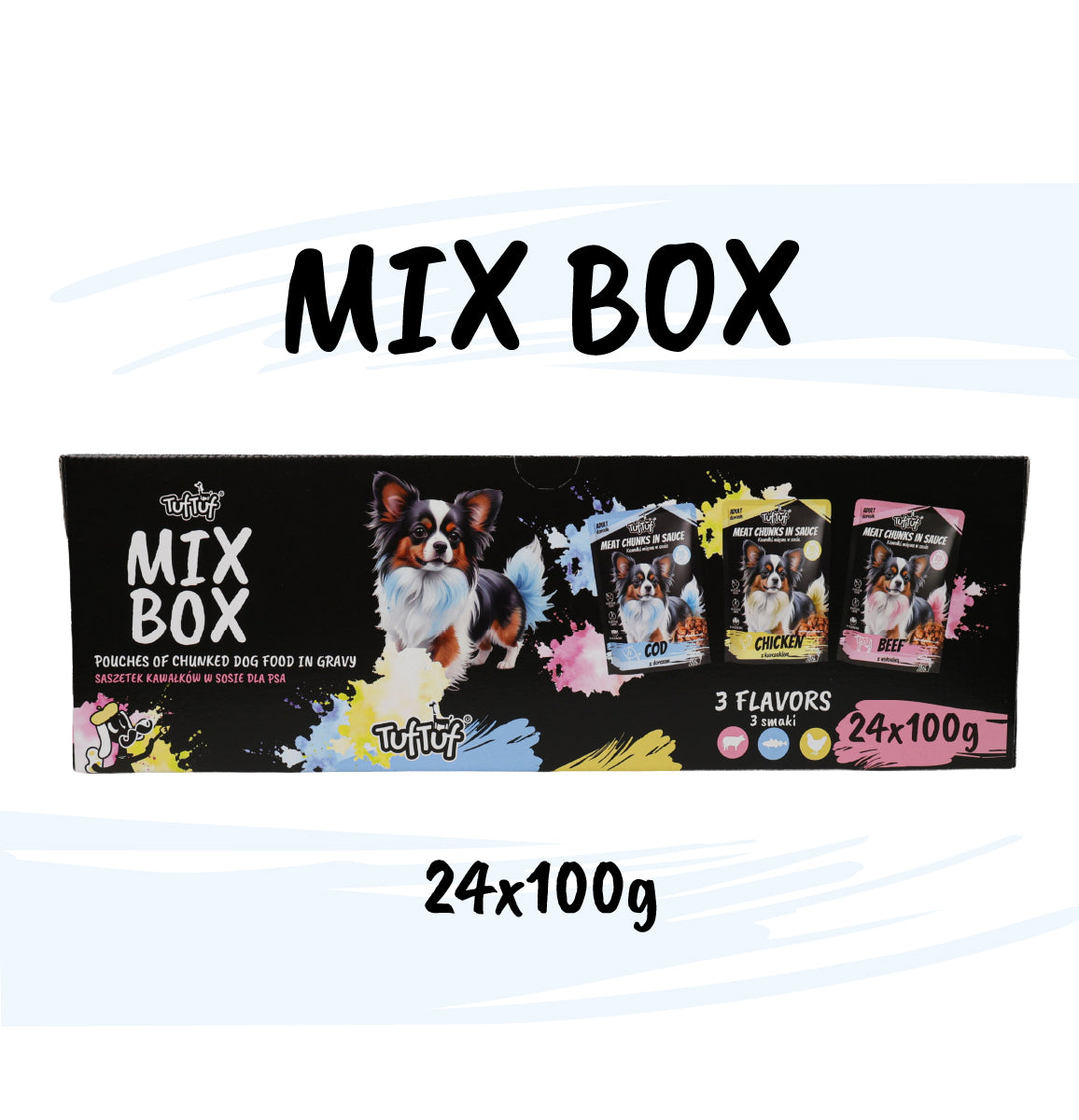 PRZEDSPRZEDAŻ - wysyłka po 25.10  TufTuf Mix Box saszetek kawałki w sosie dla psa 3 smaki (wołowina, dorsz, kurczak) 24 x 100 g